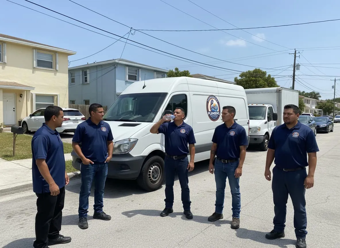 Plumbing technicians in navy uniform polos standing beside a service van with a circular company emblem, parked on a residential Miami street