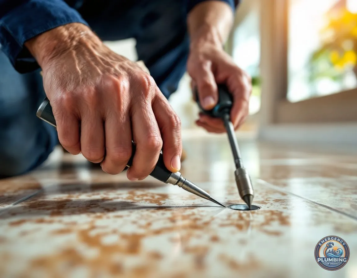 Close-up of a hand pressing an acoustic leak detection probe against a tile floor inside a home