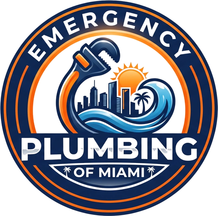 Emergency Plumbing Of Miami circular badge: a pipe wrench, the Miami skyline, a rising sun and an ocean wave inside a navy and orange ring