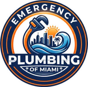 Emergency Plumbing Of Miami circular badge: a pipe wrench, the Miami skyline, a rising sun and an ocean wave inside a navy and orange ring